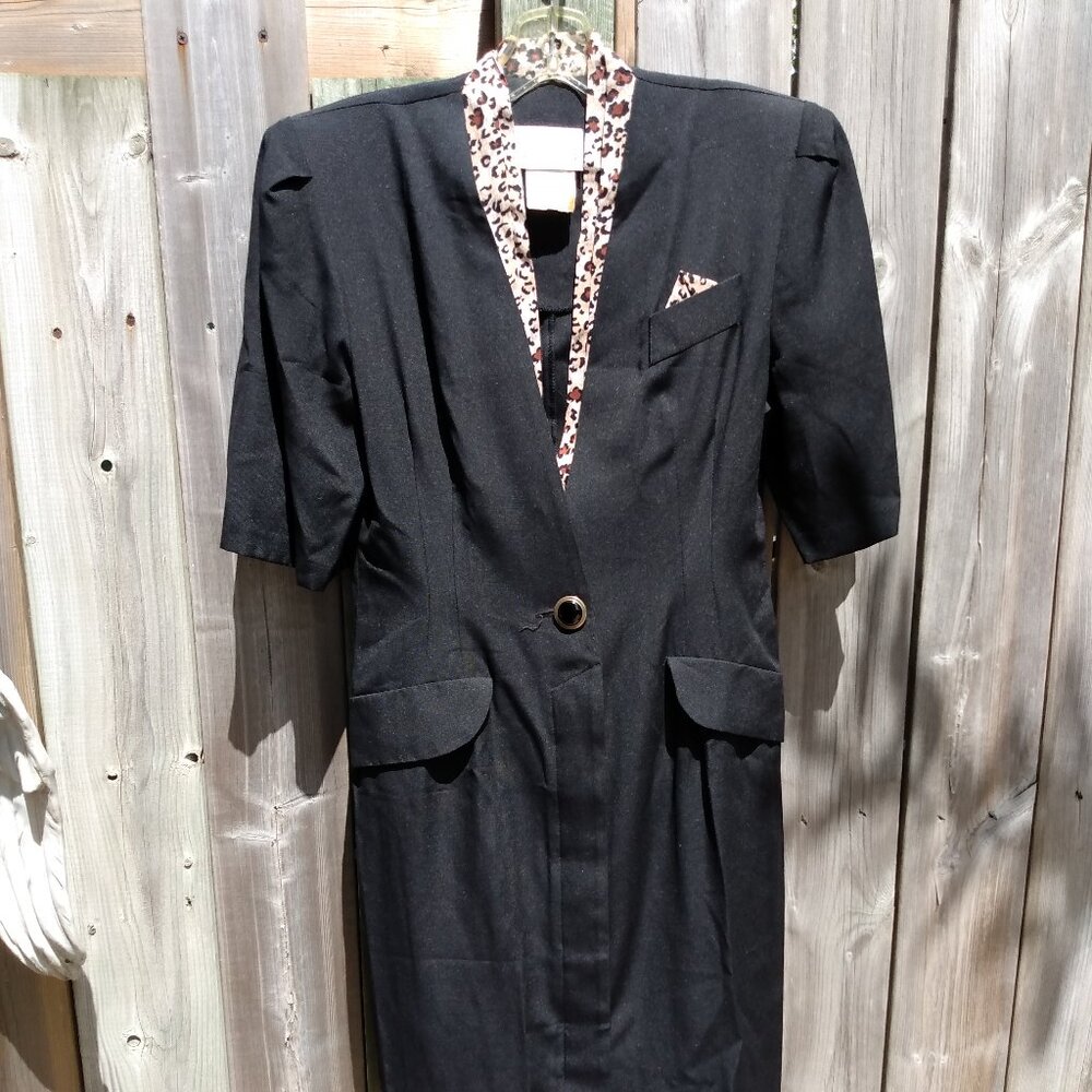 Vintage 80s 90s Black Dress with Leopard Collar Size 9/10 34" Bust 31" Waist